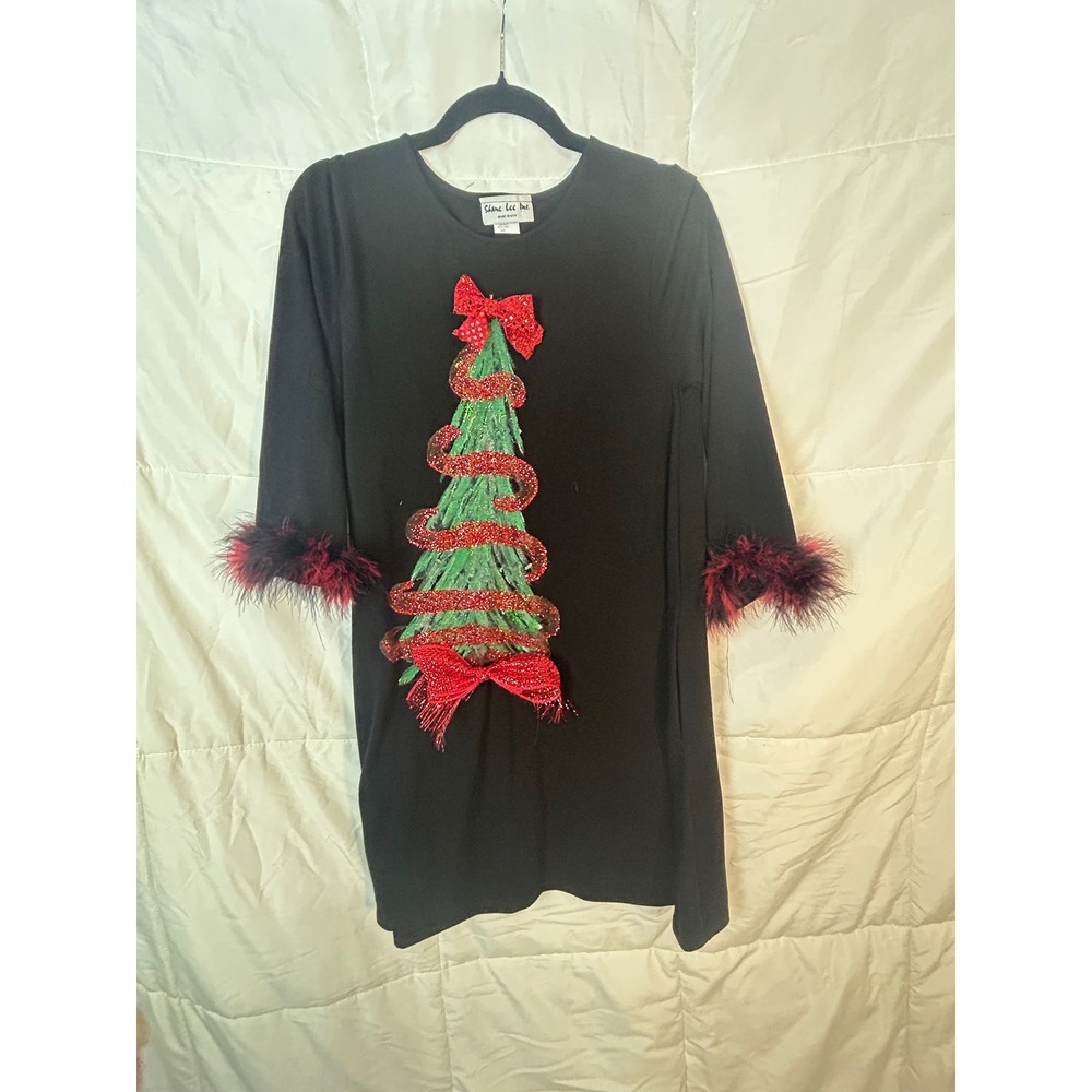 Shane Lee Inc Kids Large Black Christmas Tree Fur Trim Long Sleeve Dress Made US